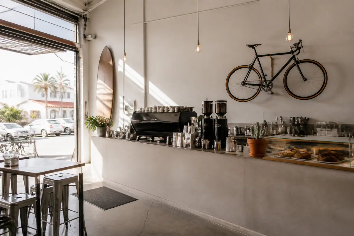 Photoreal travel-editorial view of Handlebar Coffee Roasters in Santa Barbara, California