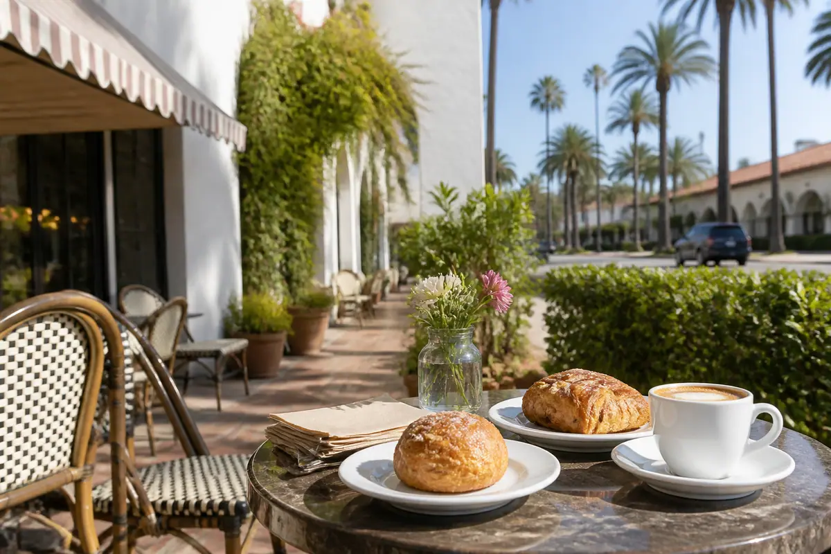 Photoreal travel-editorial view of Jeannine's Bakery in Santa Barbara, California