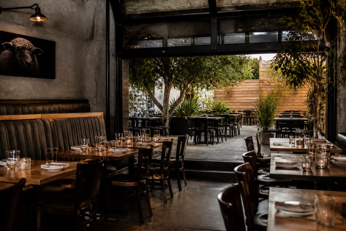 Photoreal travel-editorial view of The Black Sheep in Santa Barbara, California