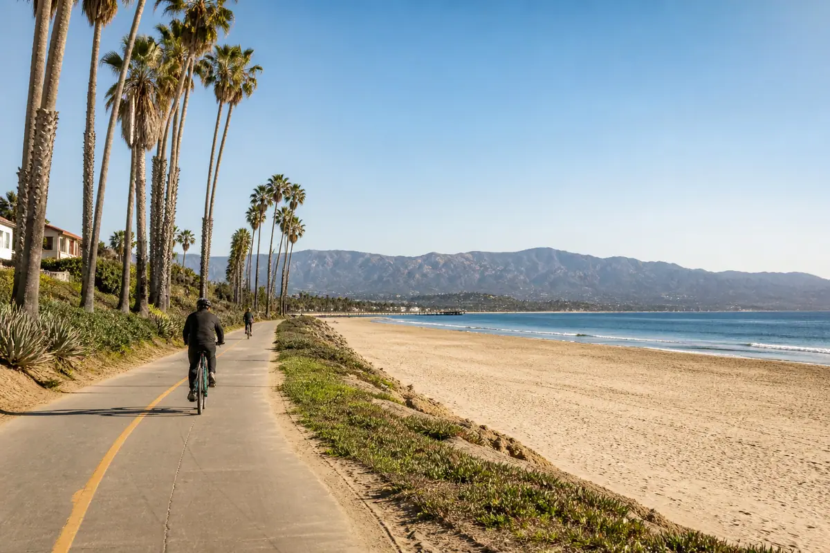Photoreal travel-editorial view of East Beach and Cabrillo Bike Path in Santa Barbara, California