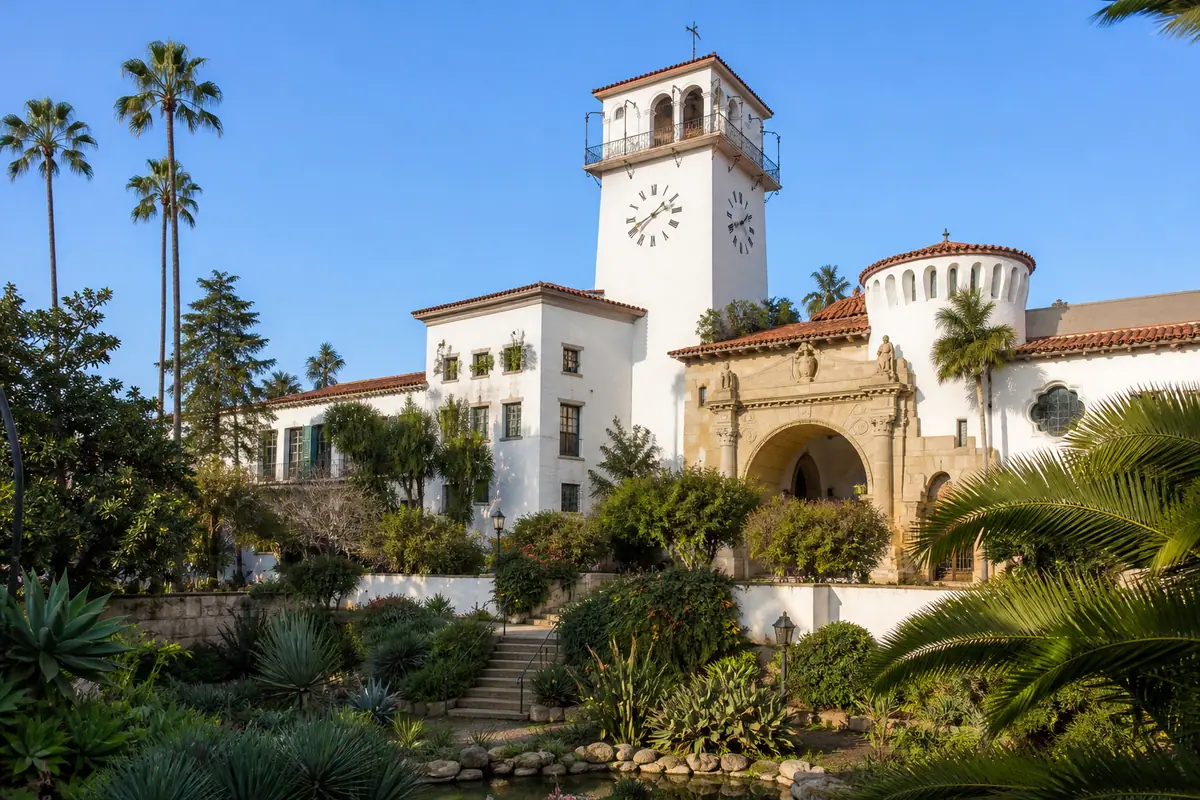 Photoreal travel-editorial view of Santa Barbara County Courthouse in Santa Barbara, California