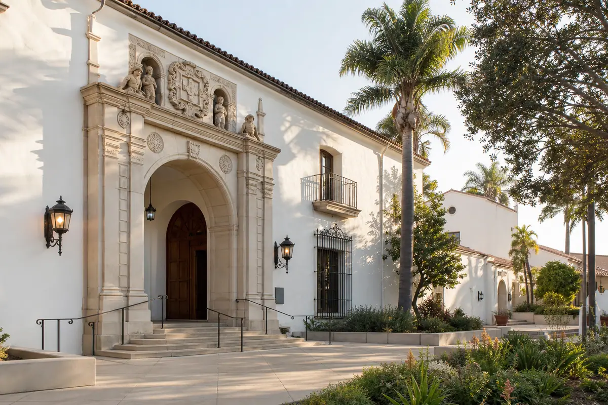 Photoreal travel-editorial view of Santa Barbara Museum of Art in Santa Barbara, California