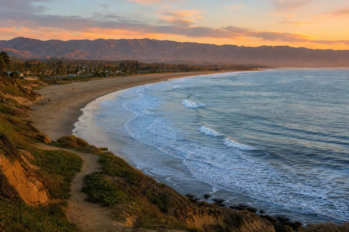 Photoreal travel-editorial view of Shoreline Park and Leadbetter Beach in Santa Barbara, California