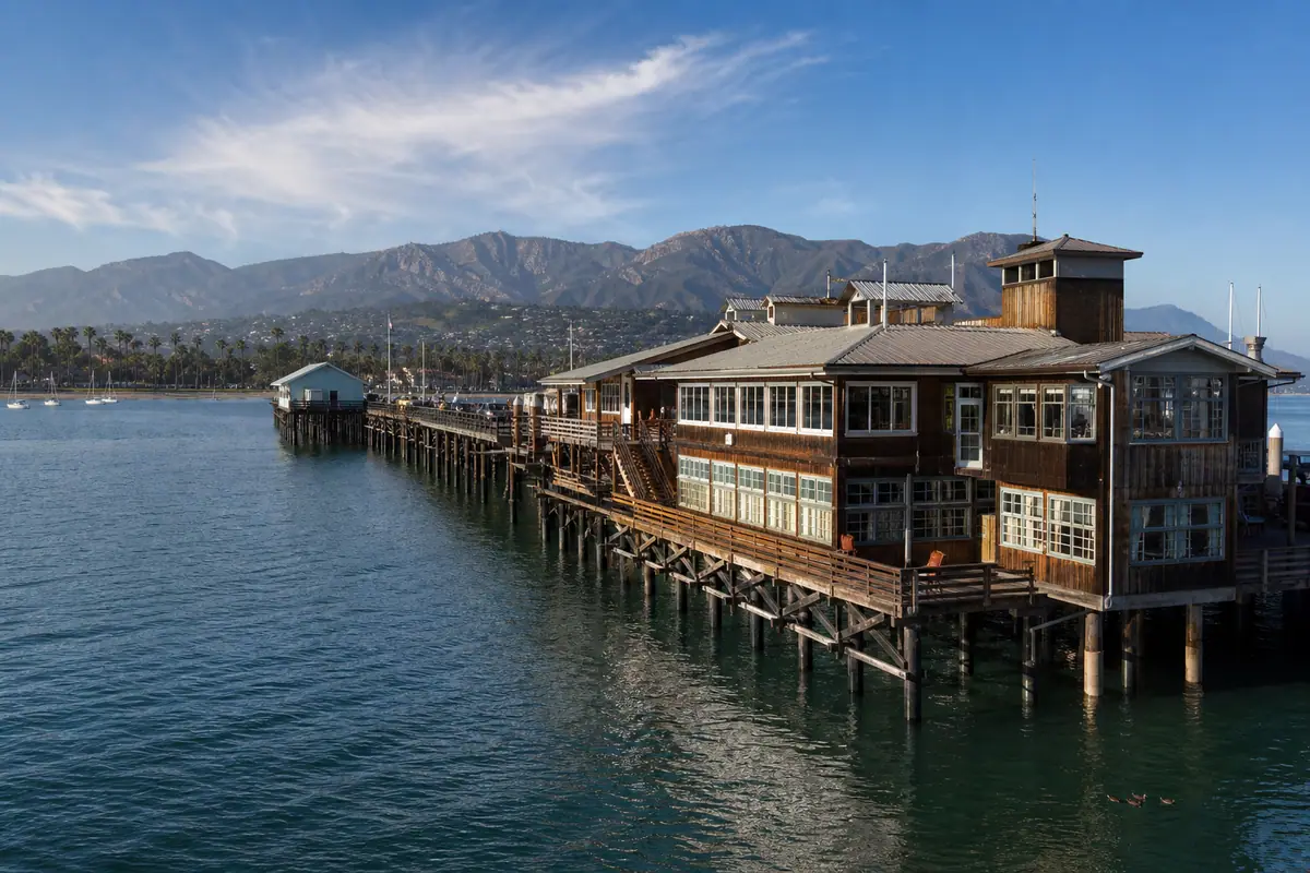 Photoreal travel-editorial view of Stearns Wharf and Sea Center in Santa Barbara, California