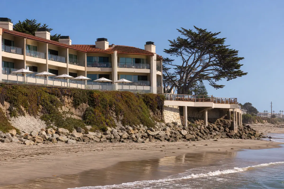 Photoreal travel-editorial view of Casablanca Inn on the Beach in Santa Cruz, California