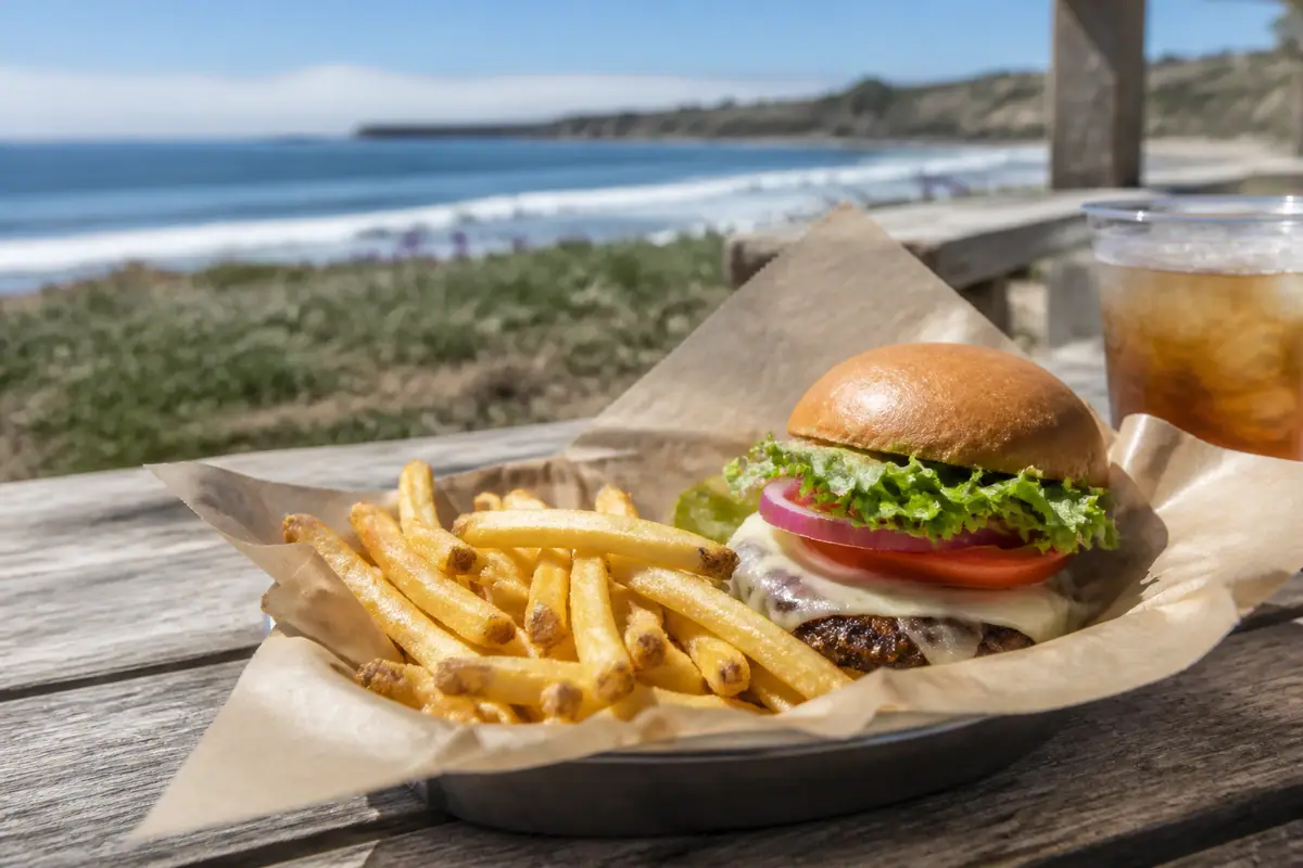 Photoreal travel-editorial view of Jack's Hamburgers in Santa Cruz, California