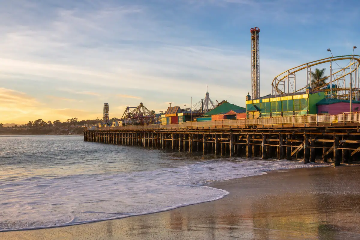 Photoreal travel-editorial view of Santa Cruz Beach Boardwalk in Santa Cruz, California