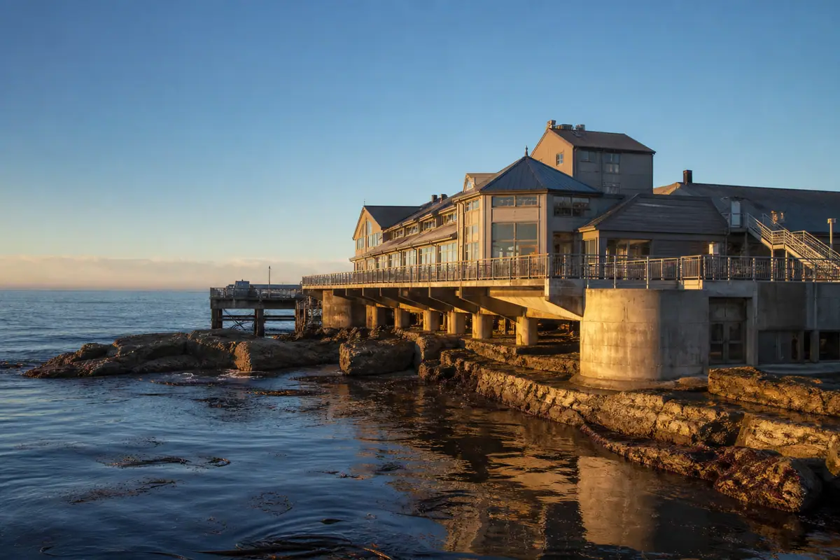 Photoreal travel-editorial view of Seymour Marine Discovery Center in Santa Cruz, California