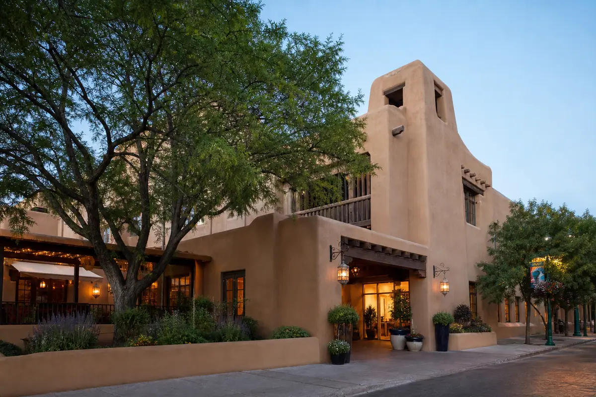 Photoreal exterior of La Fonda on the Plaza in Santa Fe