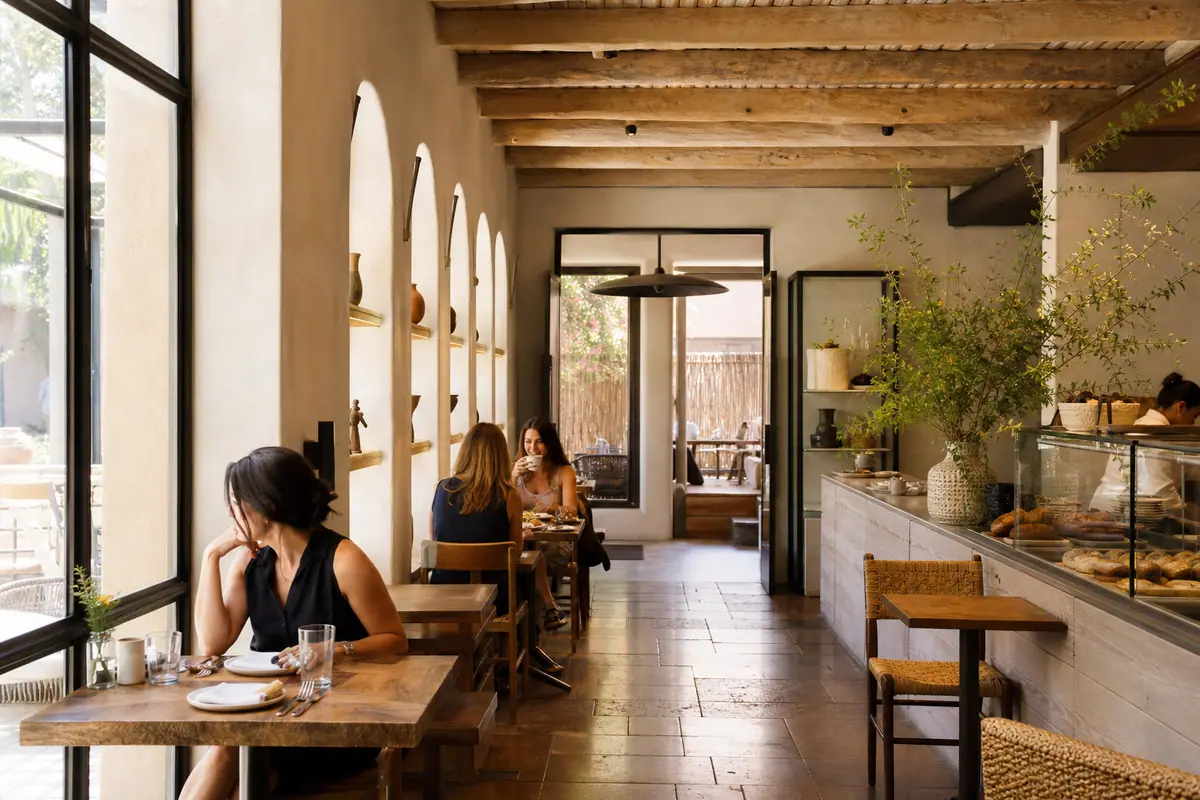 Photoreal dining scene representing Dolina Bakery & Cafe in Santa Fe