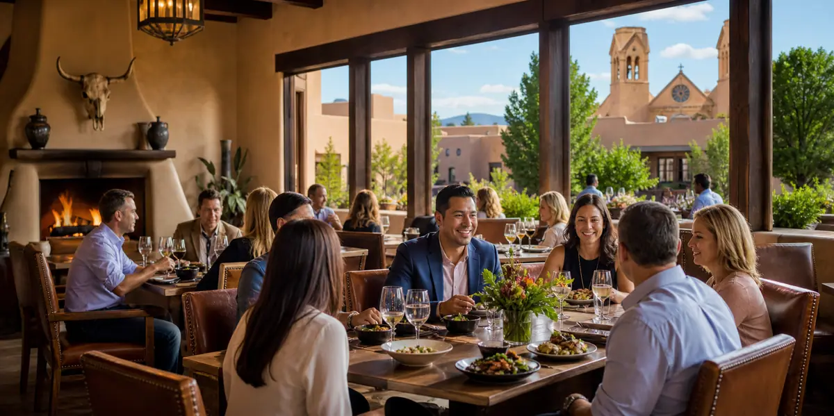 Photoreal dining scene representing Market Steer Steakhouse Lunch in Santa Fe