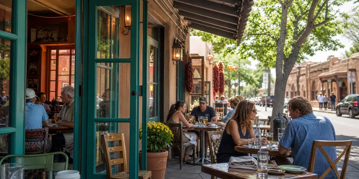 Photoreal dining scene representing Plaza Cafe Downtown in Santa Fe