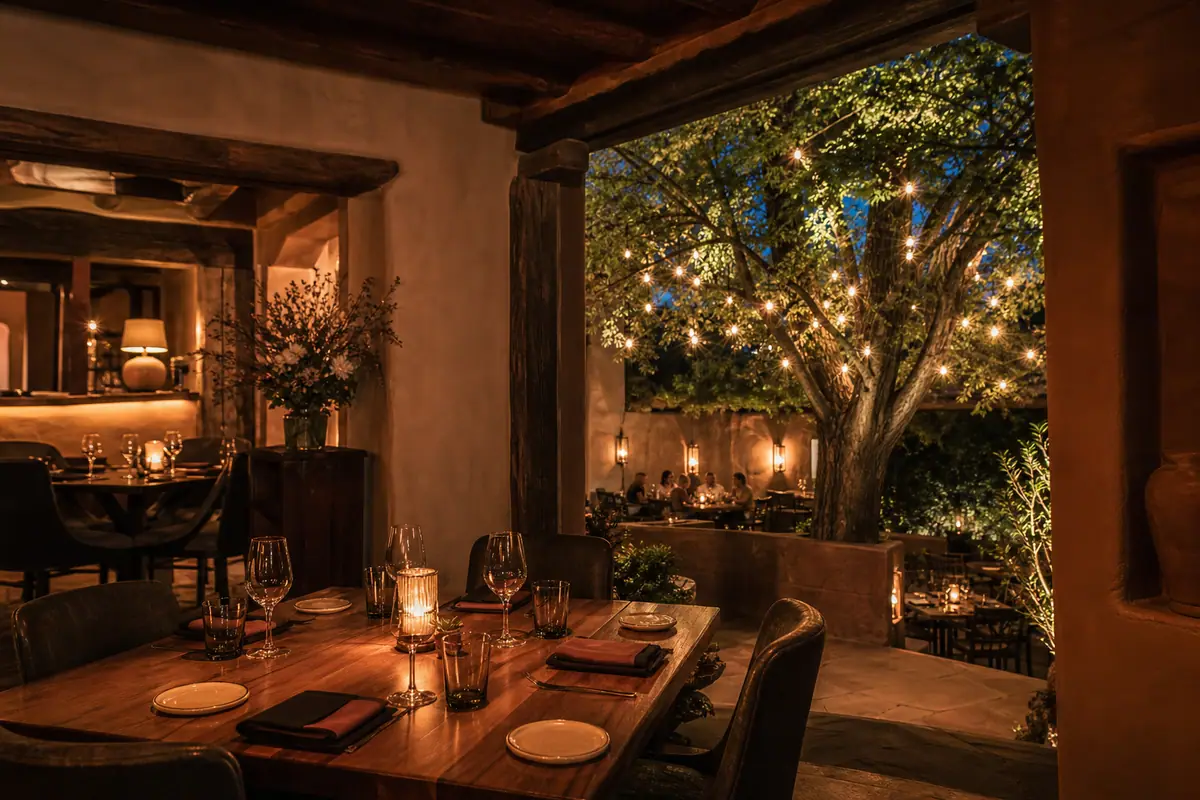 Photoreal dining scene representing Sazón in Santa Fe