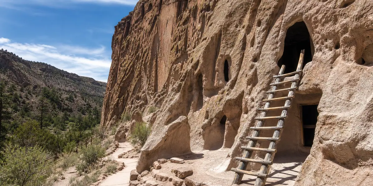 Photoreal Bandelier National Monument day trip scene from Santa Fe