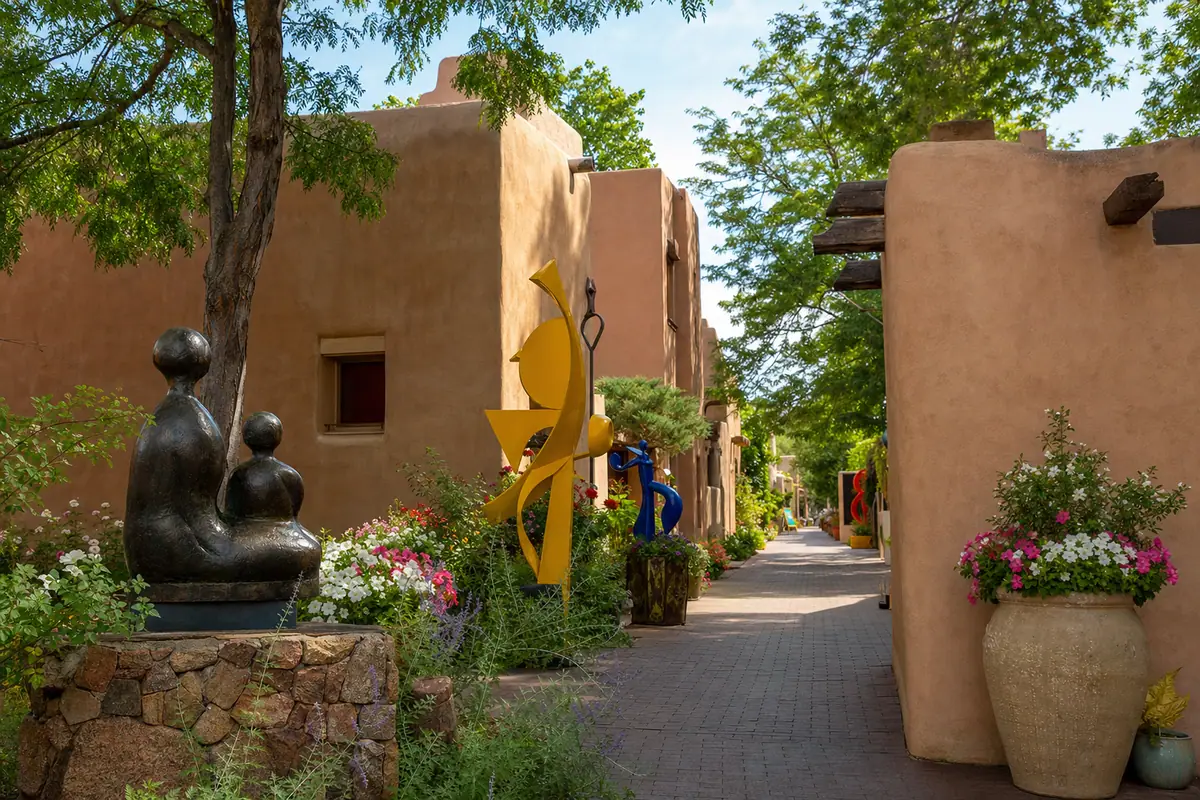 Photoreal Canyon Road gallery district scene in Santa Fe
