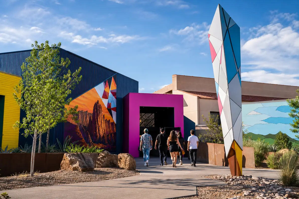 Photoreal Meow Wolf Santa Fe exterior or arrival scene