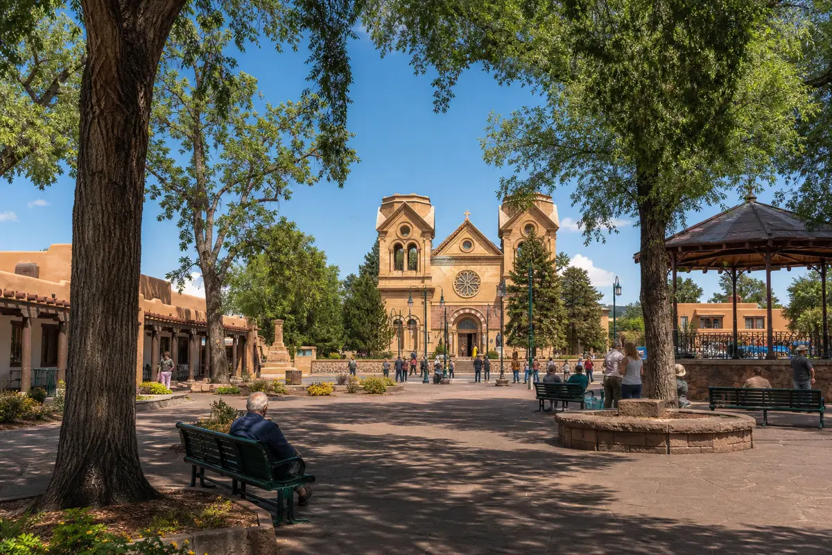 Photoreal Santa Fe Plaza scene in downtown Santa Fe