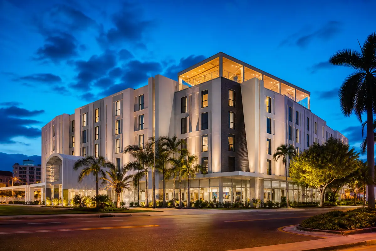 Photoreal travel-editorial view of Art Ovation Hotel, Autograph Collection in Sarasota, Florida
