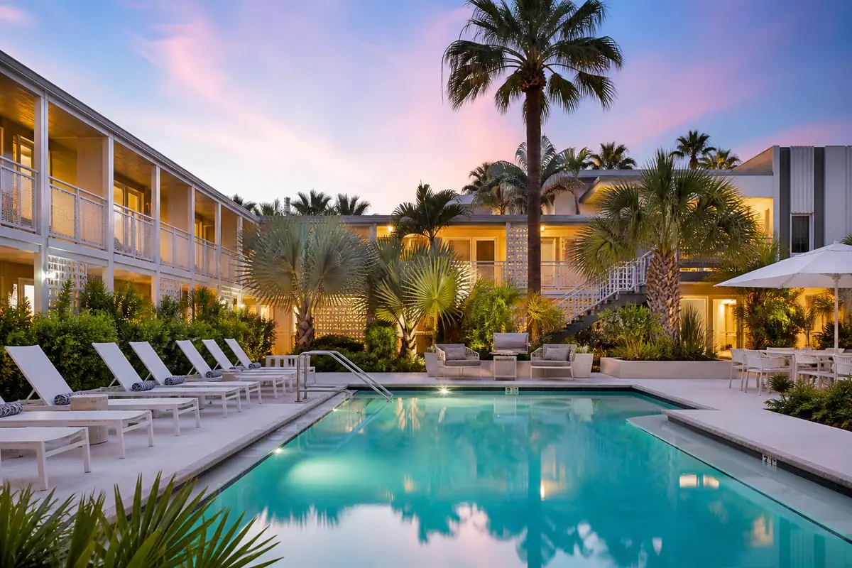 Photoreal travel-editorial view of The Sarasota Modern, a Tribute Portfolio Hotel in Sarasota, Florida