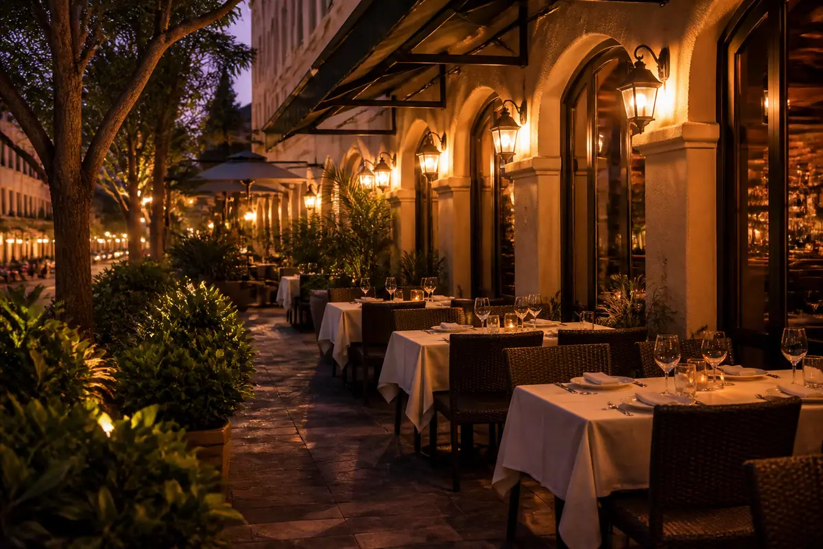 Photoreal travel-editorial view of Bijou Cafe in Sarasota, Florida