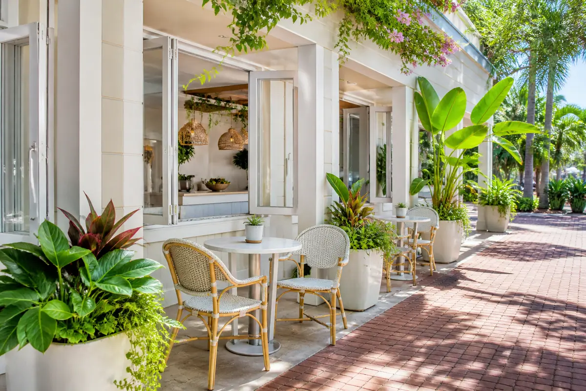 Photoreal travel-editorial view of Green Zebra Cafe in Sarasota, Florida