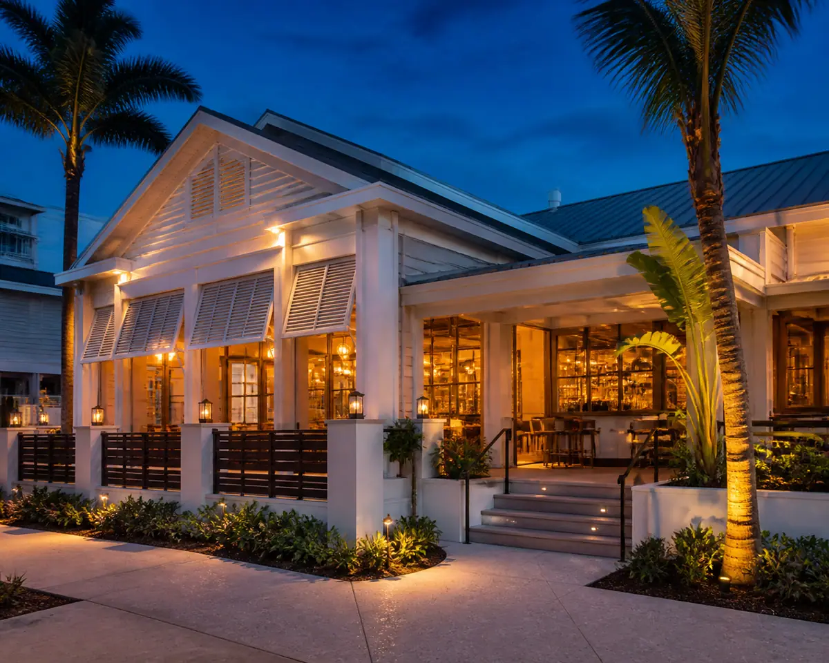 Photoreal travel-editorial view of Veronica Fish & Oyster in Sarasota, Florida