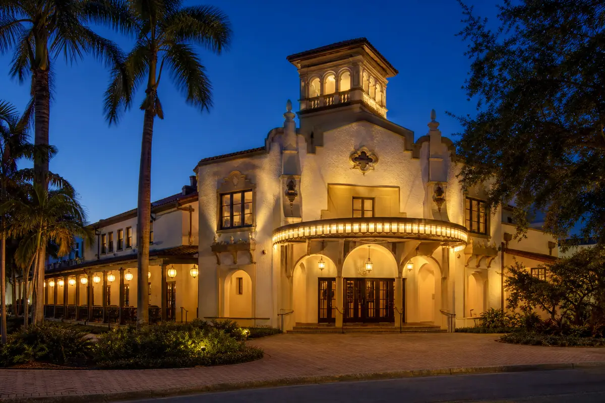Photoreal travel-editorial view of Florida Studio Theatre in Sarasota, Florida