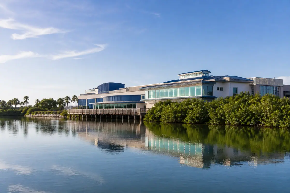 Photoreal travel-editorial view of Mote Marine Laboratory & Aquarium in Sarasota, Florida