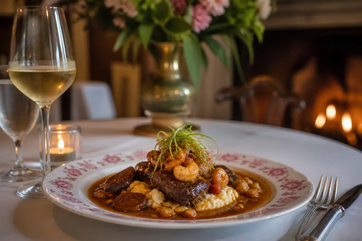 Photoreal dining or food scene representing The Olde Pink House in Savannah