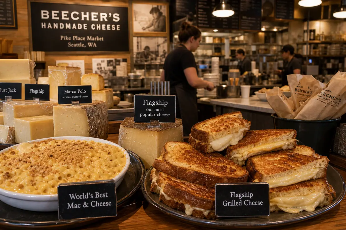 Photoreal cheese-shop meal scene representing Beecher's Handmade Cheese in Seattle