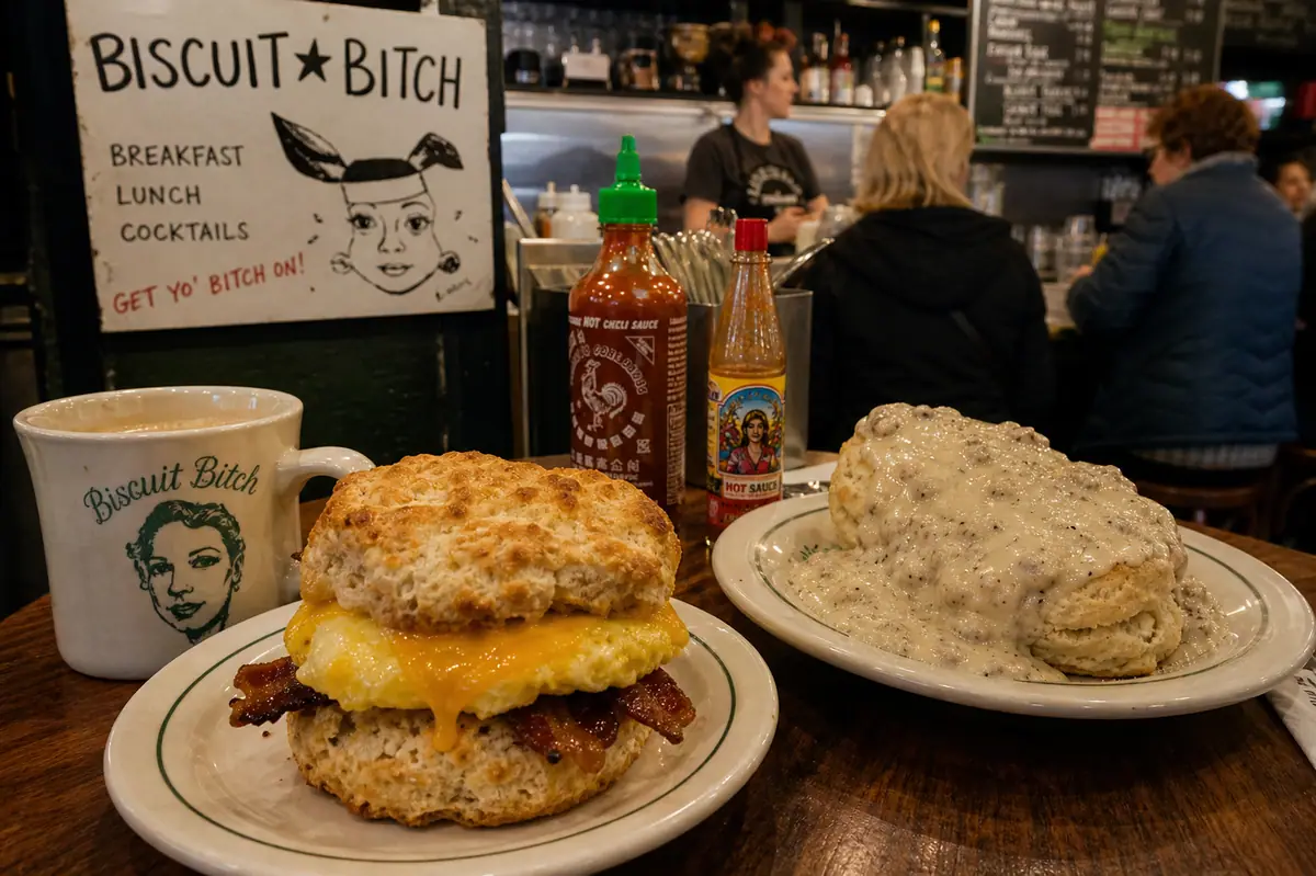 Photoreal biscuit breakfast spread representing a famous Seattle biscuit cafe