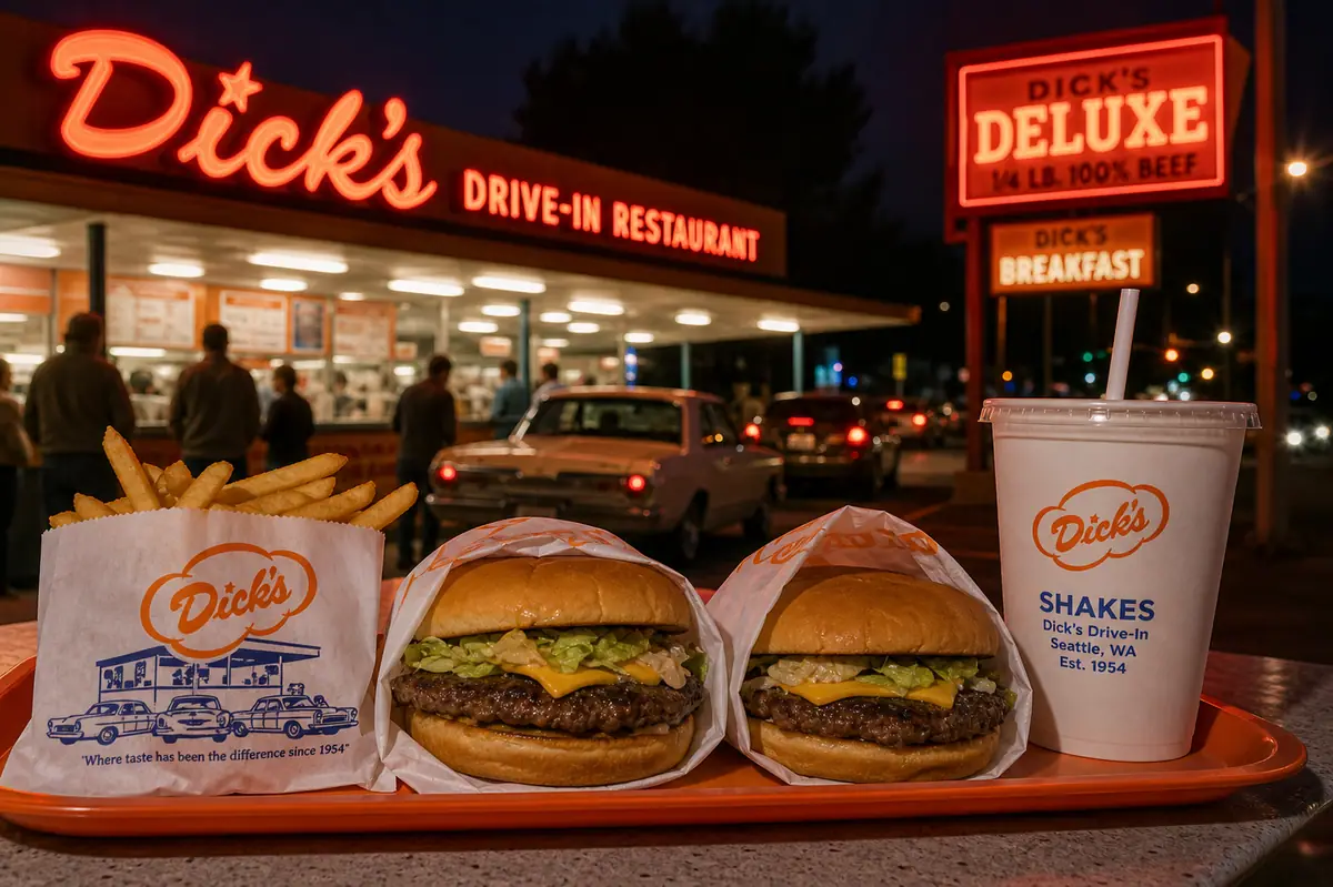 Photoreal burger and fries tray representing Dick's Drive-In in Seattle