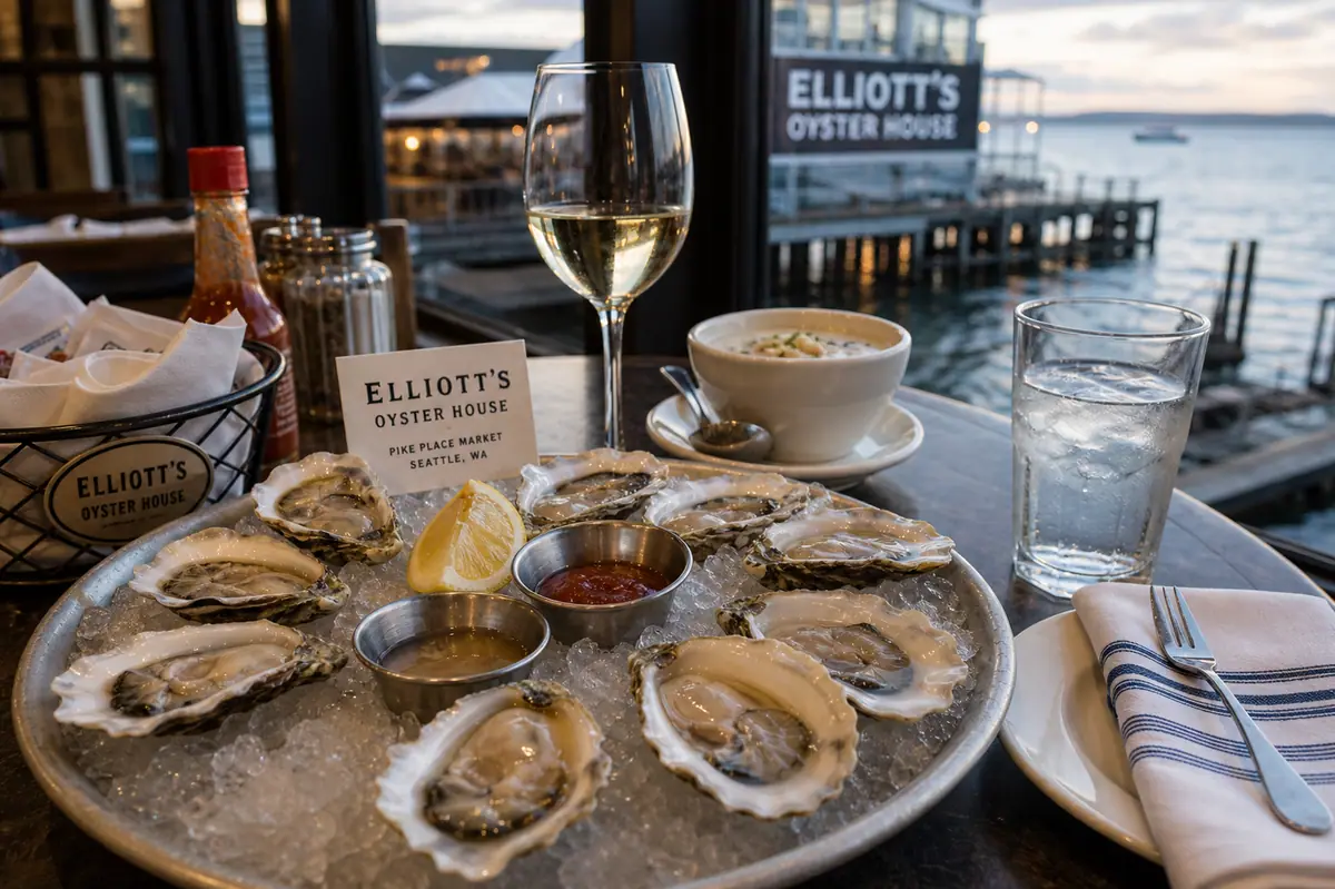 Photoreal oyster-bar table scene representing Elliott's Oyster House in Seattle