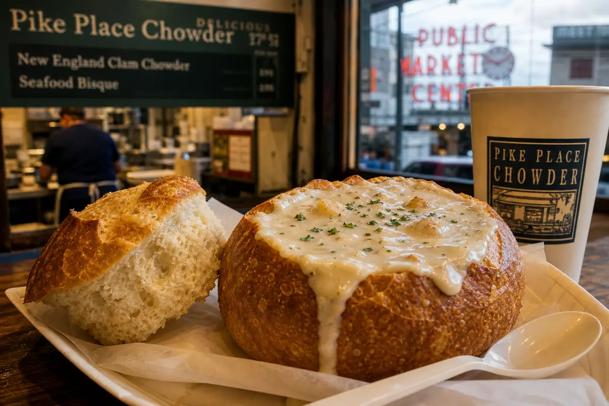 Photoreal chowder bread bowl representing Pike Place Chowder in Seattle