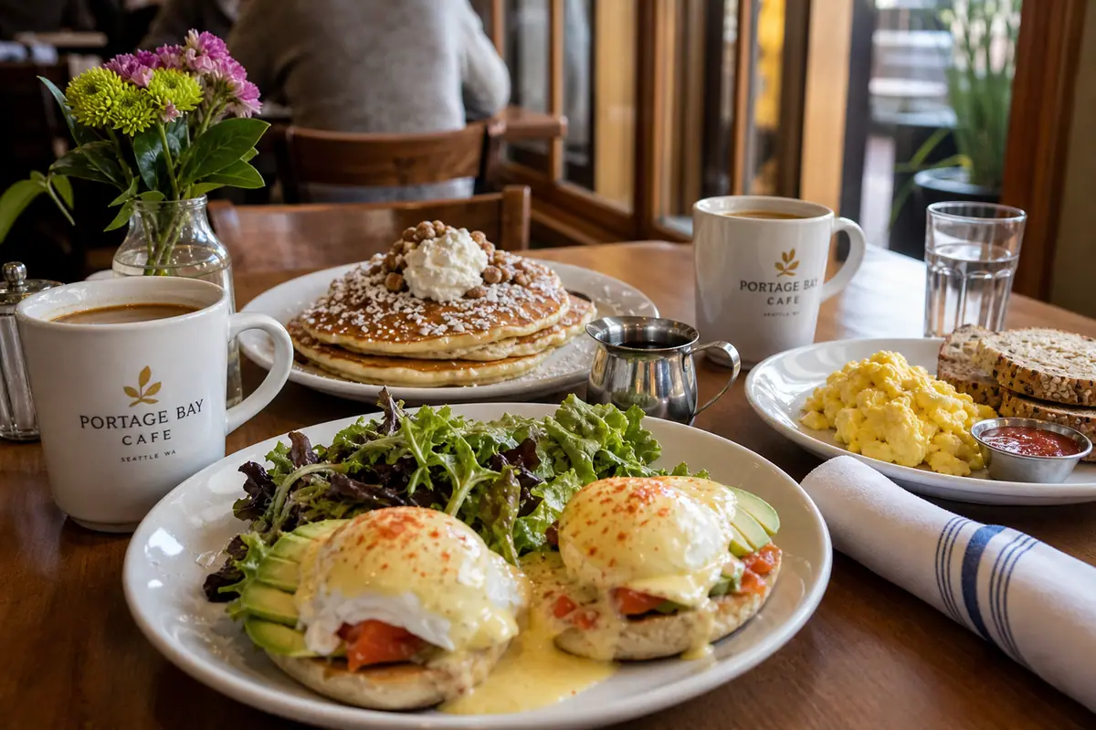 Photoreal brunch spread representing Portage Bay Cafe in Seattle