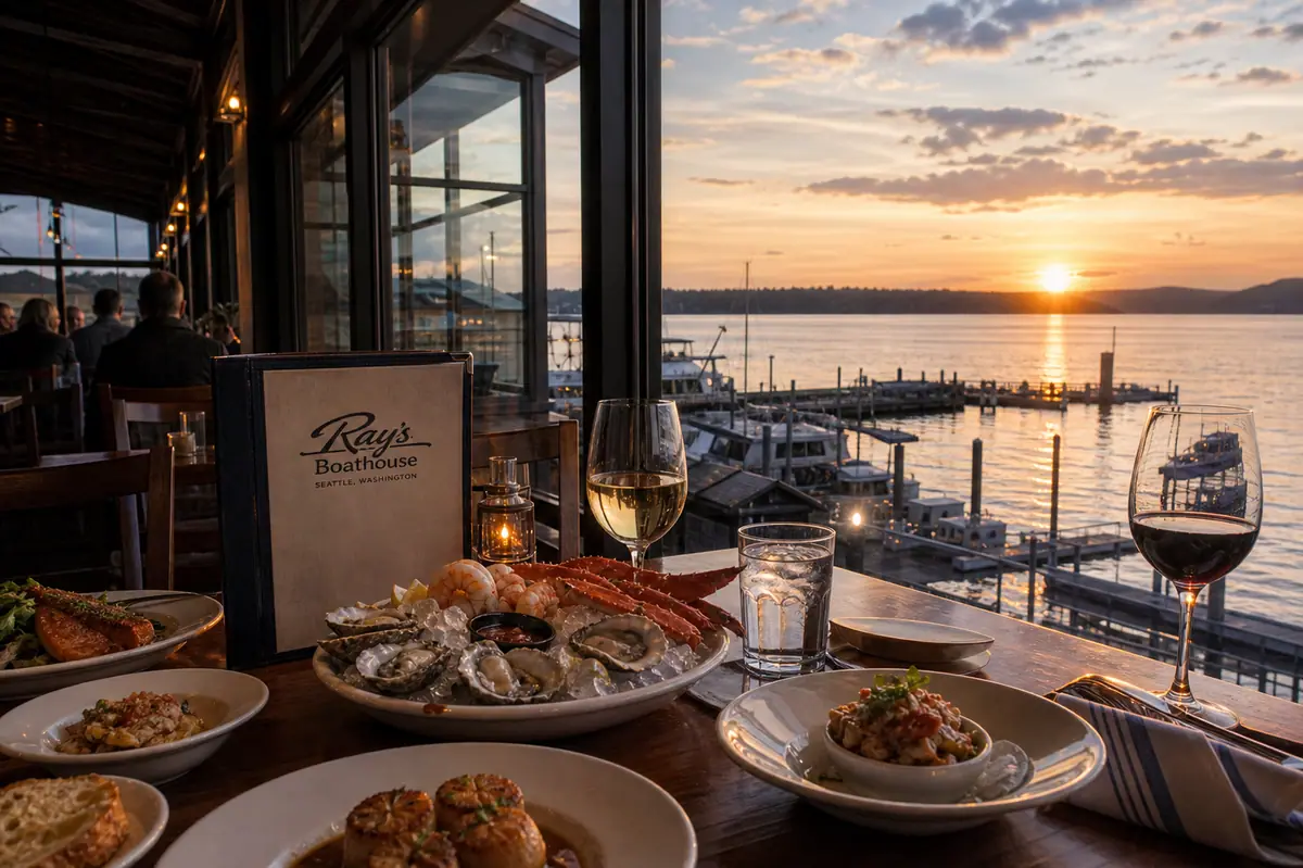 Photoreal waterfront seafood dining scene representing Ray's Boathouse in Seattle