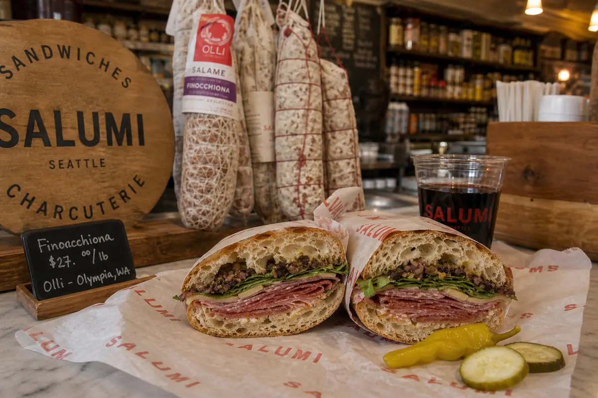 Photoreal sandwich scene representing Salumi in Seattle