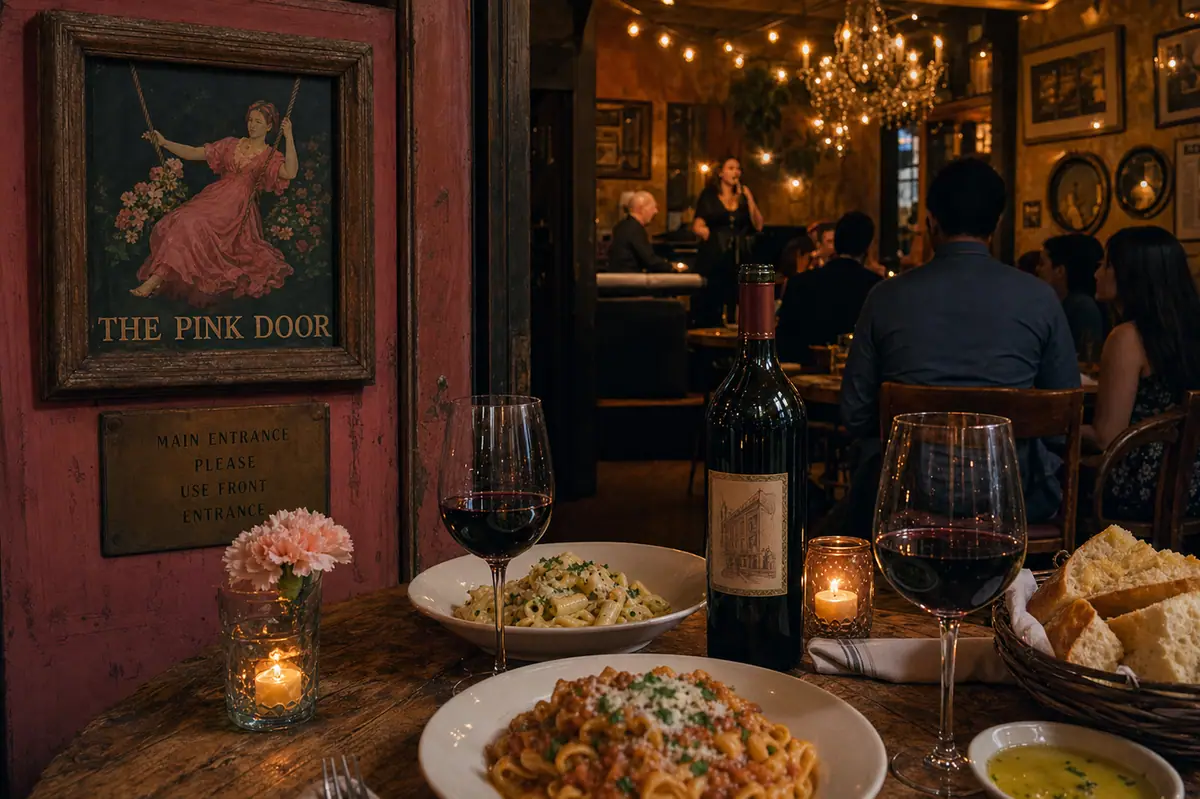 Photoreal intimate Italian dinner scene representing The Pink Door in Seattle