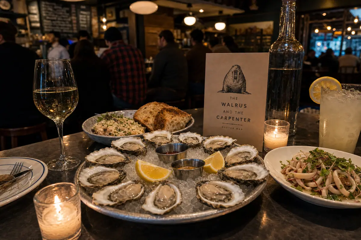 Photoreal oyster-bar dinner scene representing The Walrus and the Carpenter in Seattle