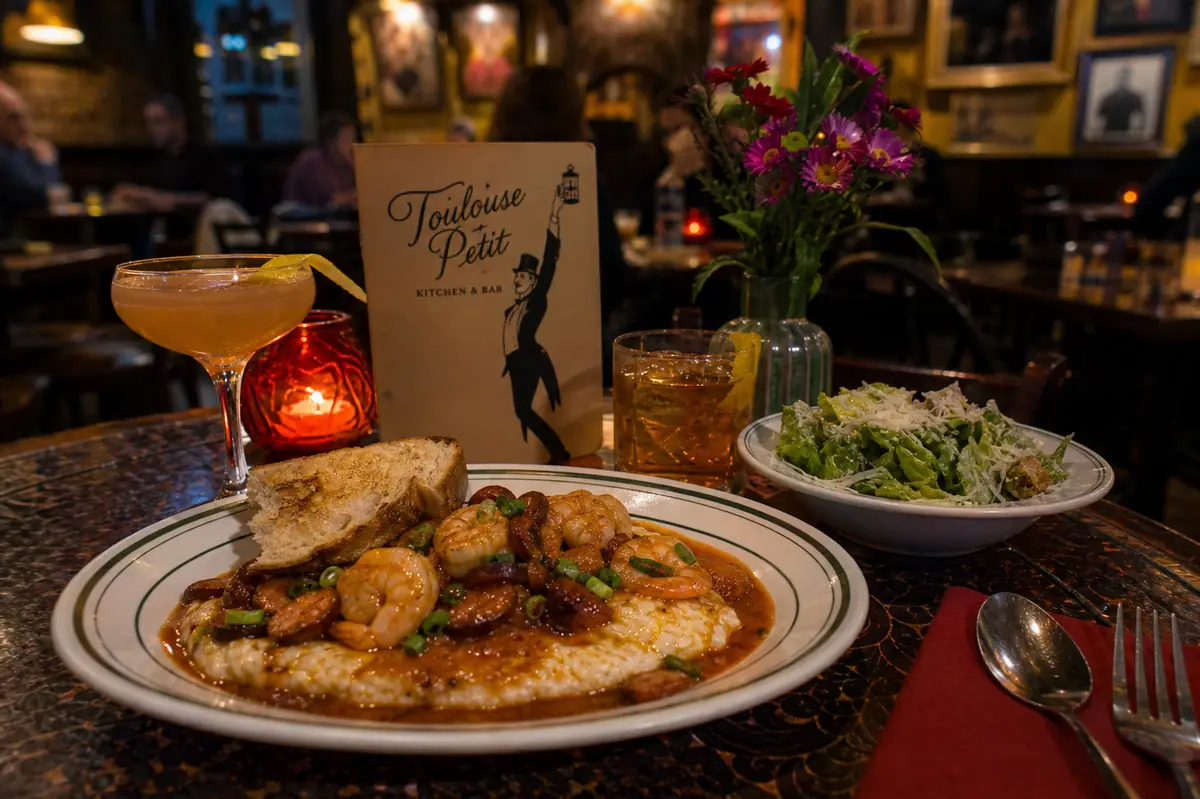 Photoreal bistro dinner scene representing Toulouse Petit in Seattle