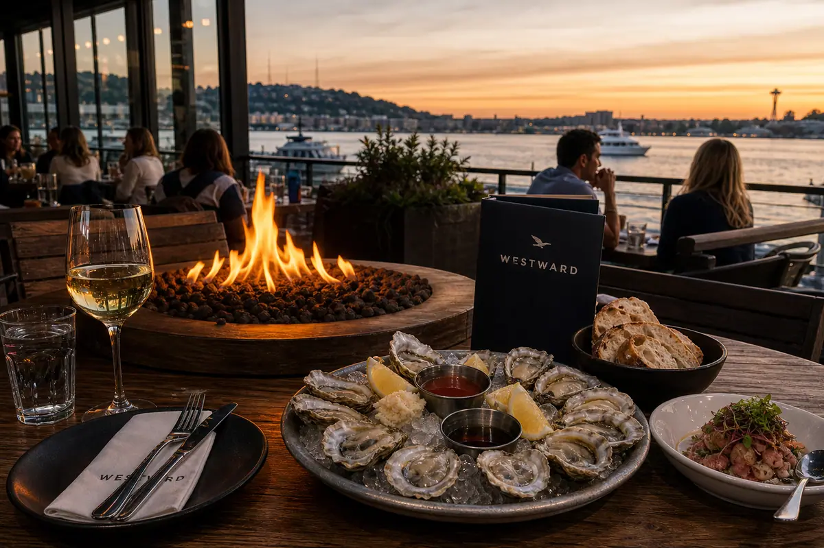 Photoreal lakeside dinner scene representing Westward in Seattle