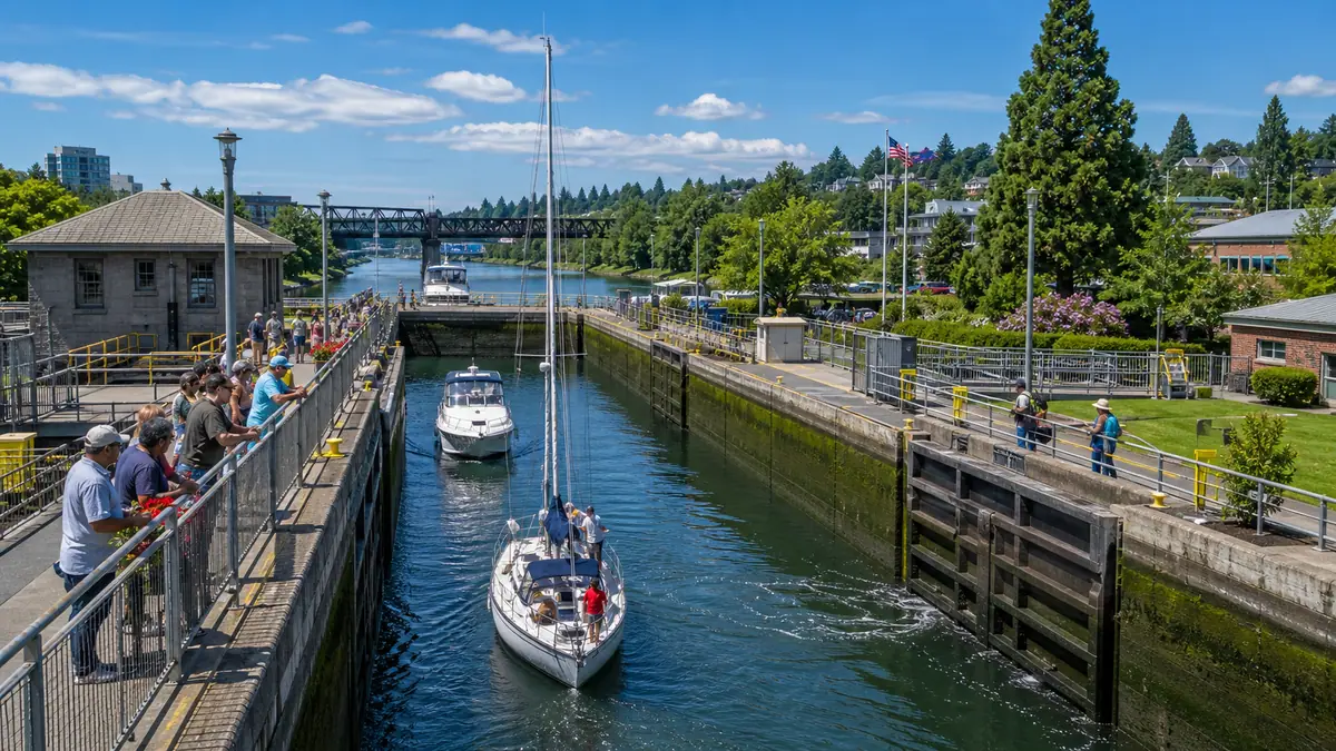 Photoreal Ballard Locks canal and boat passage scene in Seattle under bright daylight