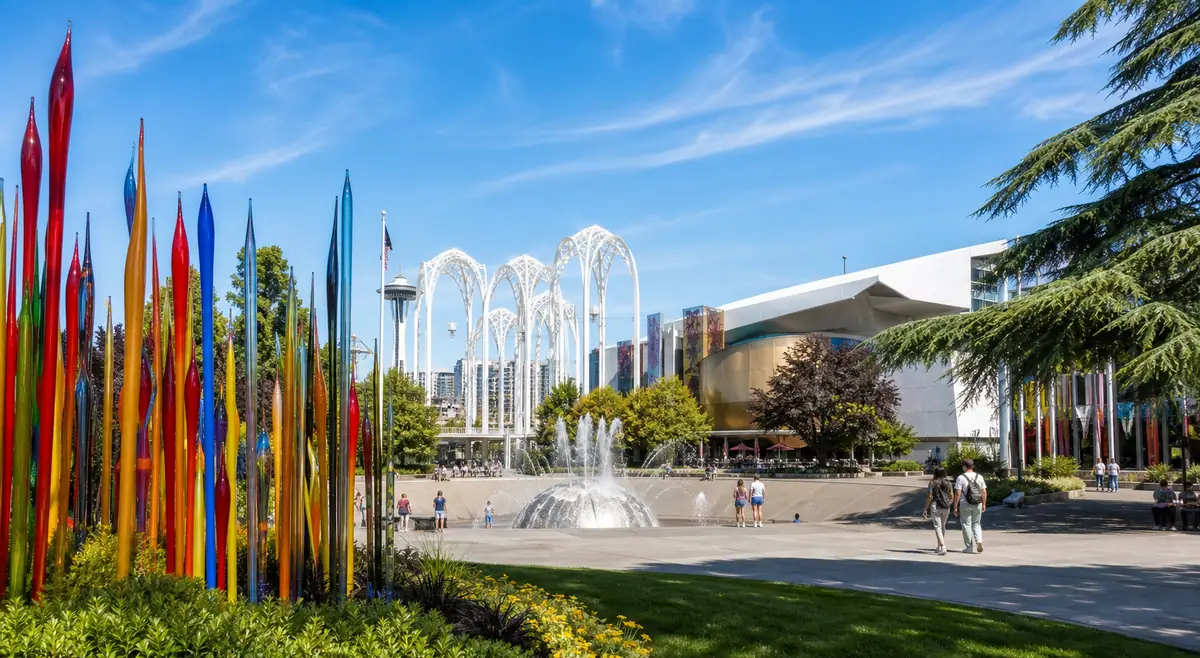 Photoreal Seattle Center grounds with public art and skyline atmosphere