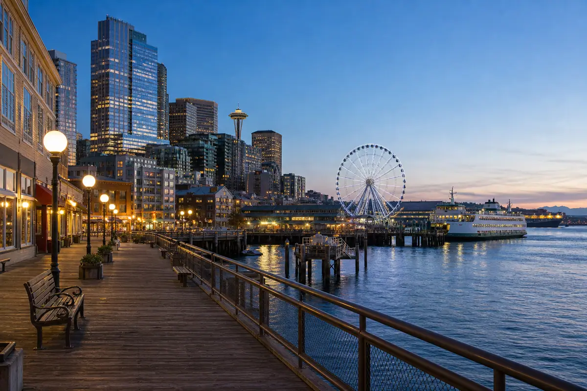 Photoreal downtown Seattle waterfront scene with Elliott Bay atmosphere