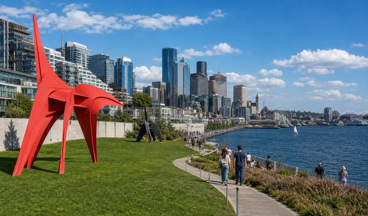Photoreal Olympic Sculpture Park waterfront lawn and Seattle skyline scene in daylight