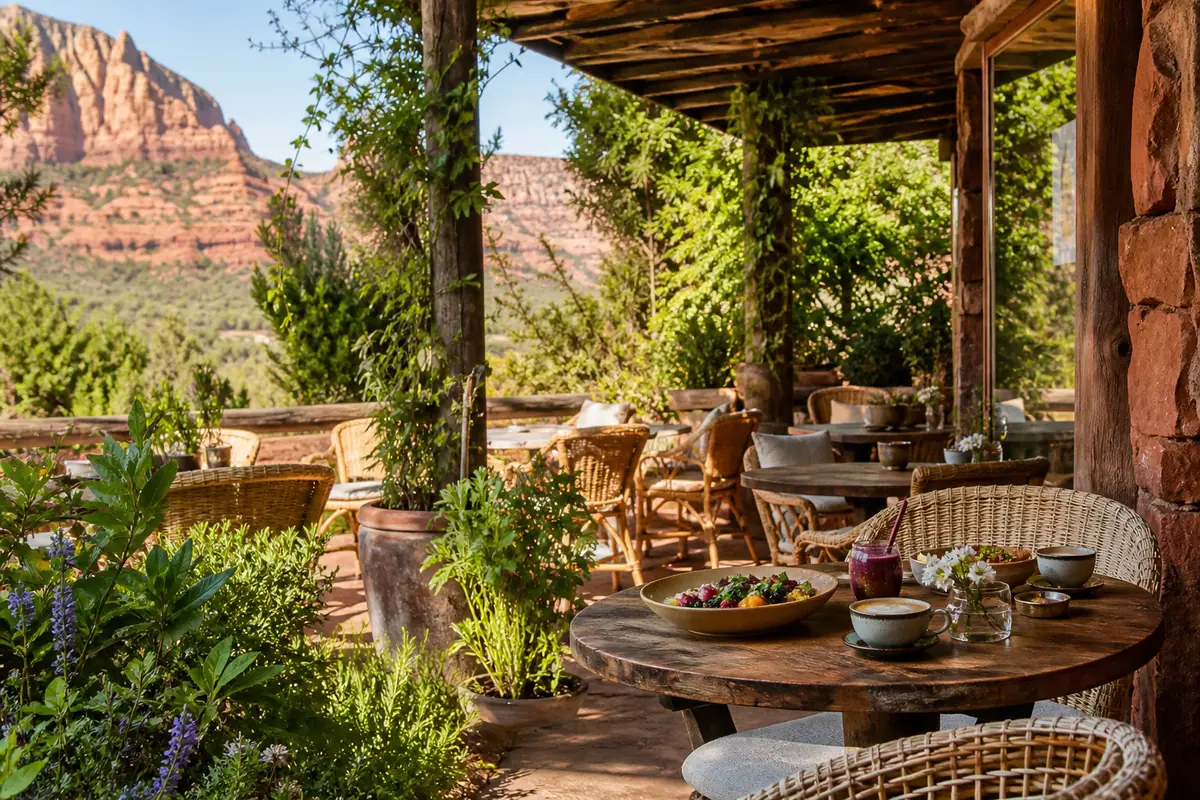 Photoreal travel-editorial view of ChocolaTree Organic Eatery in Sedona, Arizona