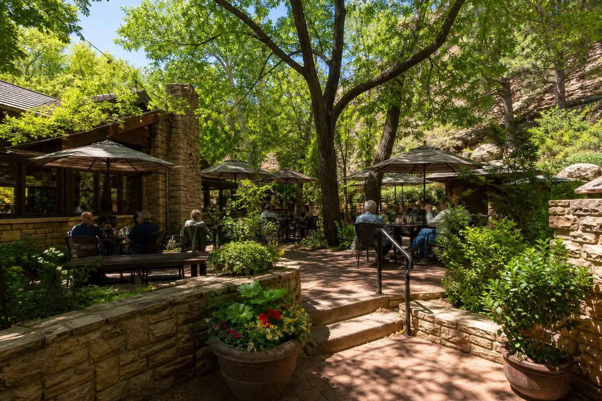 Photoreal travel-editorial view of Indian Gardens Cafe & Market in Sedona, Arizona