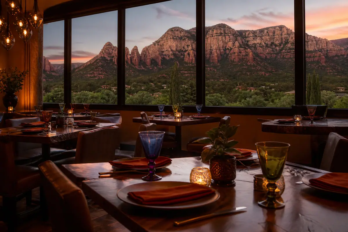 Photoreal travel-editorial view of Mariposa Latin Inspired Grill in Sedona, Arizona