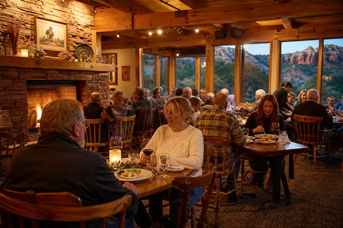 Photoreal travel-editorial view of The Golden Goose American Grill in Sedona, Arizona