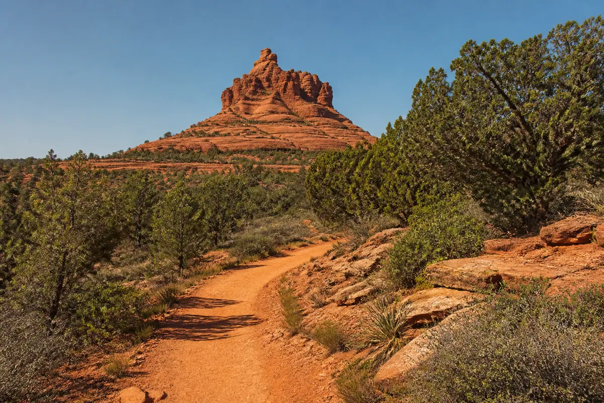 Photoreal travel-editorial view of Bell Rock Pathway in Sedona, Arizona
